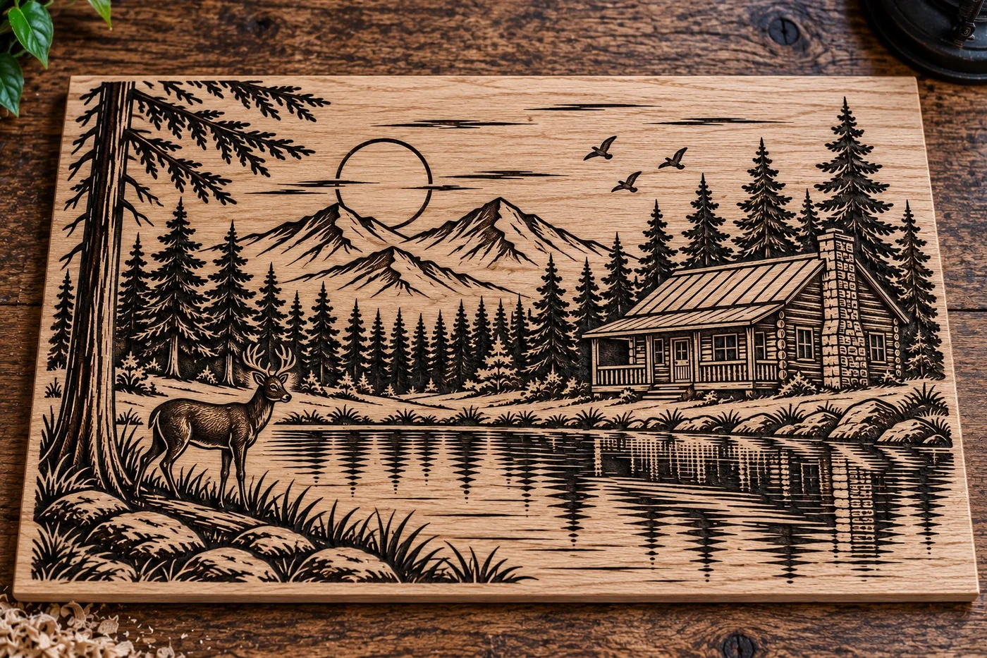 Custom laser engraved cabin and pond wood scene by Hodnett Precision Works