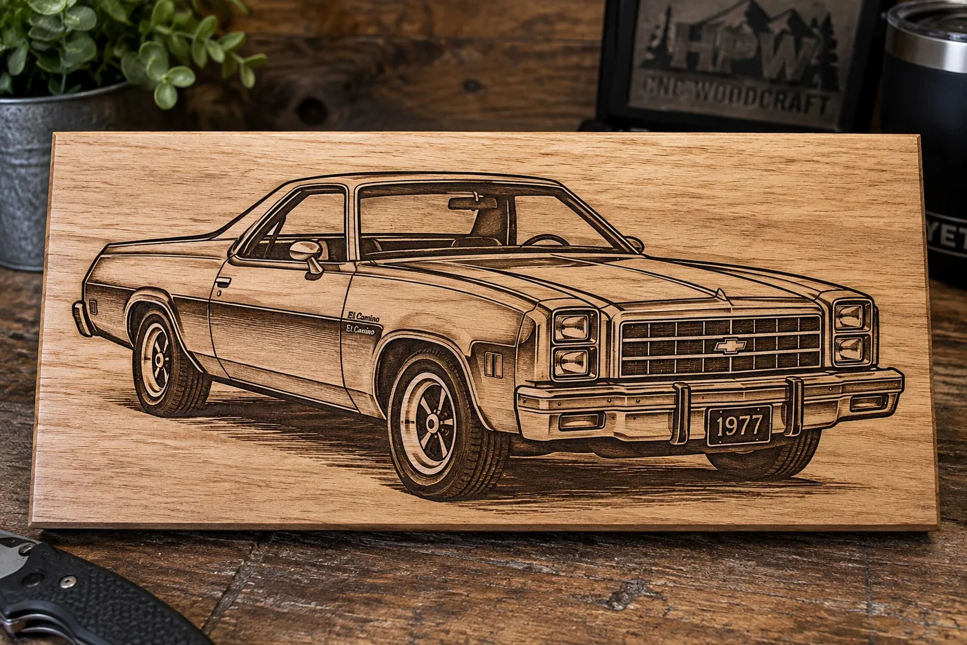 Custom laser engraved 1977 El Camino wood artwork
