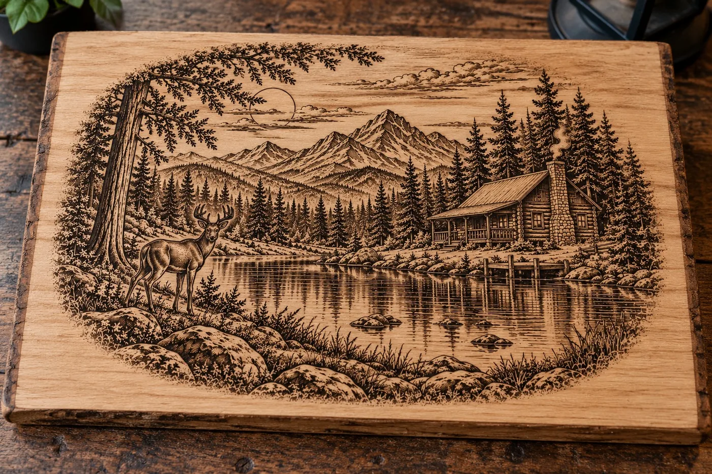 Custom laser engraved mountain cabin wood scene